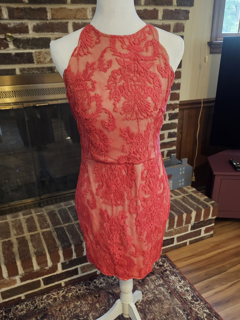 Angel Biba Coral Lace Halter Mini Dress (12 but measures as US 10)